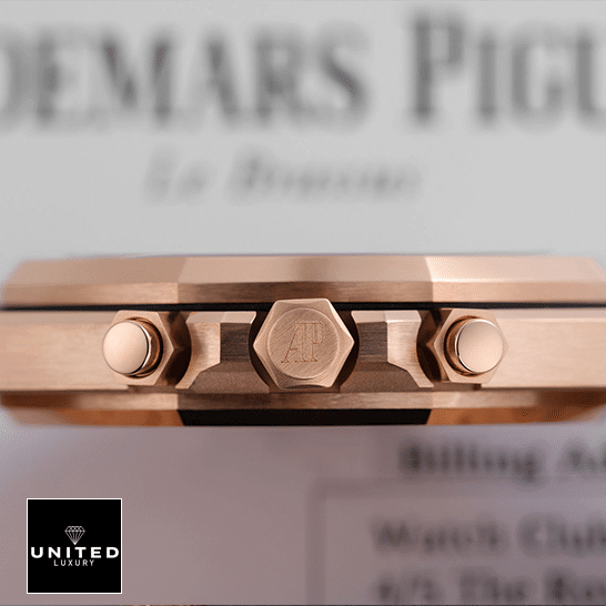 Royal Oak Blue Replica 3 Audemars Piguet Royal Oak Rose Gold Crown Replica push button side view