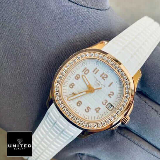 Patek Philippe Luce 5628 Replica 3 Patek Philippe White Dial Aquanaut Luce White Rubber Bracelet Replica on the hand