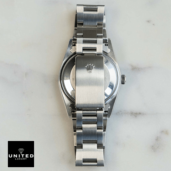 Rolex Air King 14000 Stainless Steel White Dial Replica 5 Rolex 14000 Stainless Steel Replica clasp upside view on the rolex logo