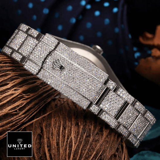 Rolex Datejust 116300 White Gold Diamond Arabic Dial Iced Out Replica 3 Rolex Datejust 116300 Iced Out Bracelet Fold Clasp Rolex Logo Replica