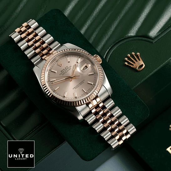 Rolex Datejust 126331-0010 Sundust Dial Replica 4 Rolex Datejust Sundust 126331-0010 Two Tone Bracelet Replica on Green Rolex Box