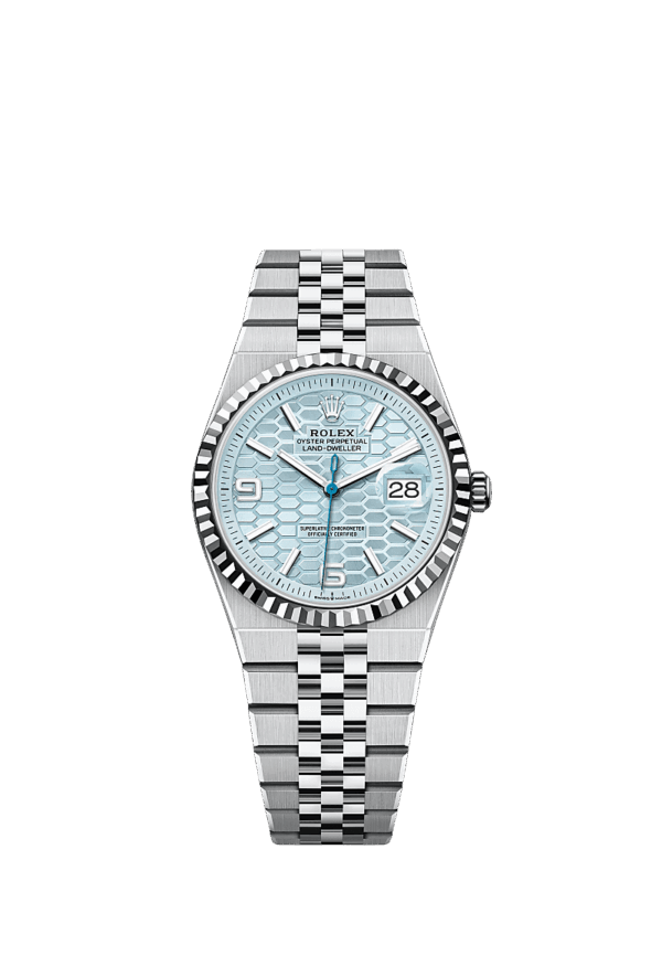 Land-Dweller 36, Oyster, 36 mm, platinum, Dial Ice blue, honeycomb 10