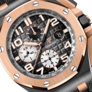 Luxury watch with black dial and rose gold case.