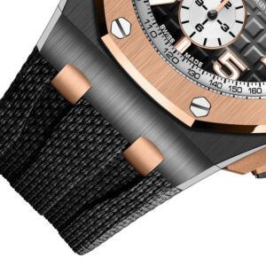 Luxury watch with black strap and rose gold face.