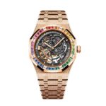 Audemars Piguet Frosted Rose Gold Double Balance Skeleton Rainbow Sapphire Bezel